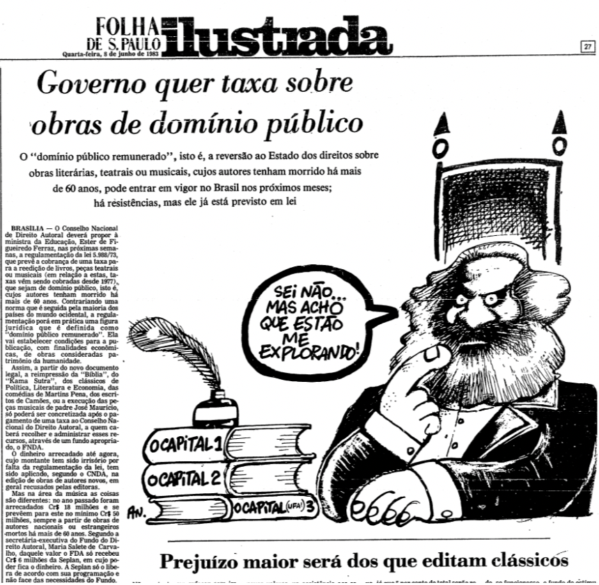 Matéria da Folha incluindo charge que mostra Karl Marx, com seu livro O Capital, e a legenda: Sei não, acho que estão me explorando...