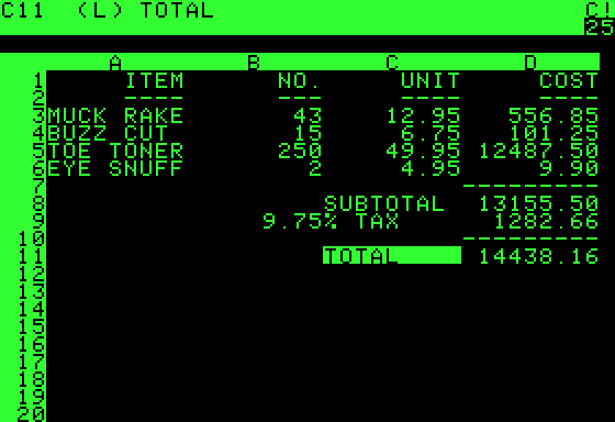 VisiCalc em uma tela de 32 colunas