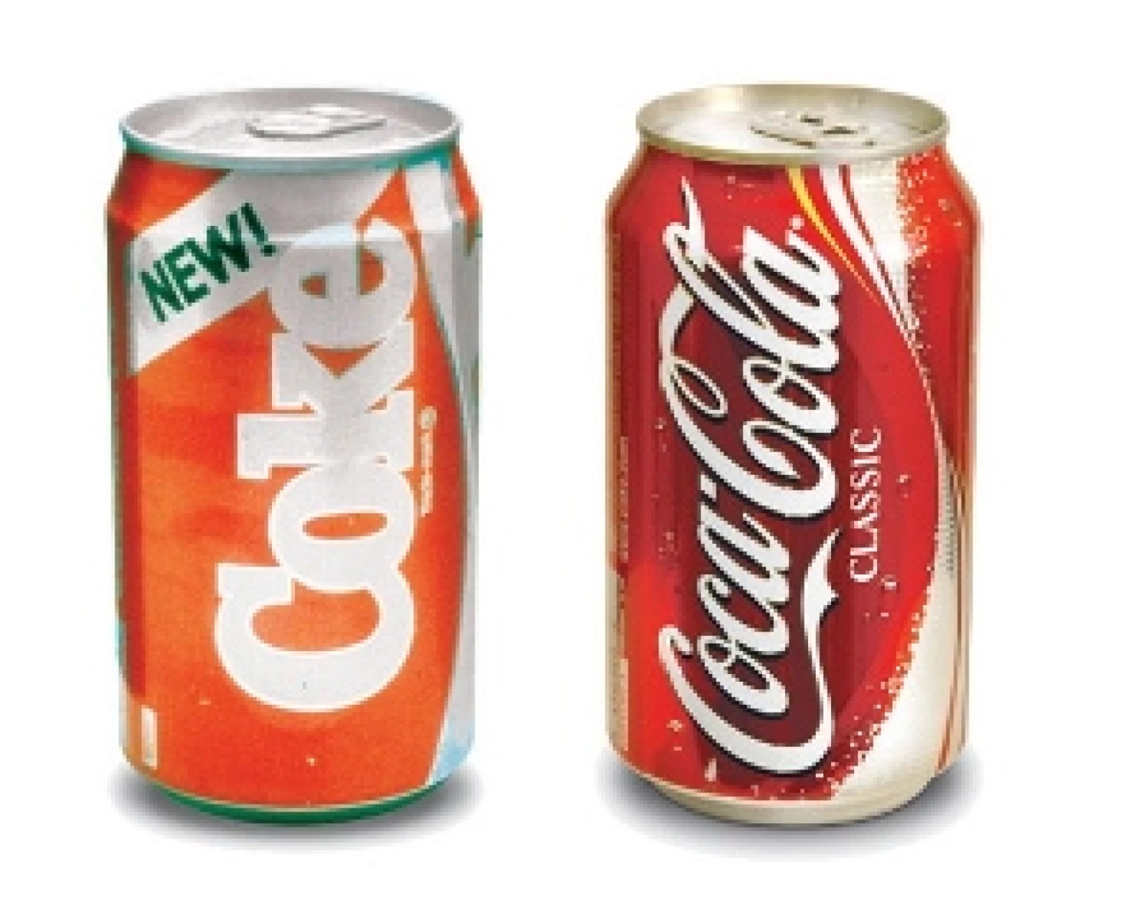 Lado a lado, latas com as marcas New Coke e Coca-Cola Classic