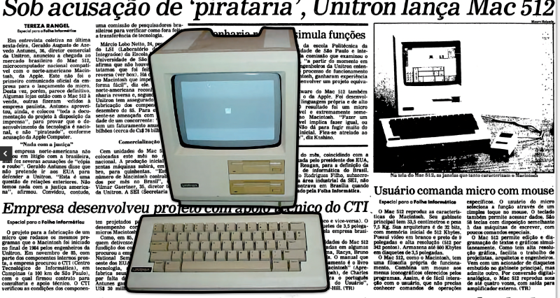 Recorte de um Mac 512 colado sobre notícia com título “Sob acusação de pirataria, Unitron lança Mac 512“