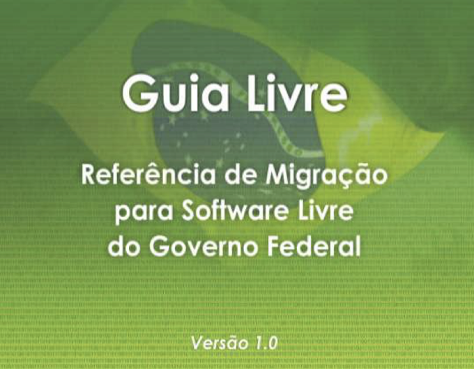 Capa do Guia Livre - Referência de Migração para Software Livre no Governo Federal, com fundo que mistura a bandeira nacional e código binário.