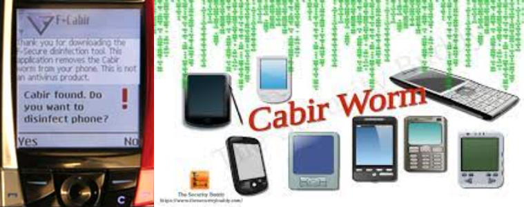 Tela de antivírus para celular(!) da época, mostrando a detecção do Cabir.