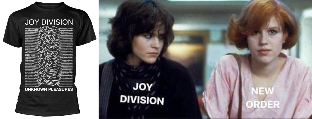 Capa de Unknown Pleasures estampada em uma camiseta, e o meme Joy Division / New Order com as duas protagonistas do filme Clube dos Cinco.