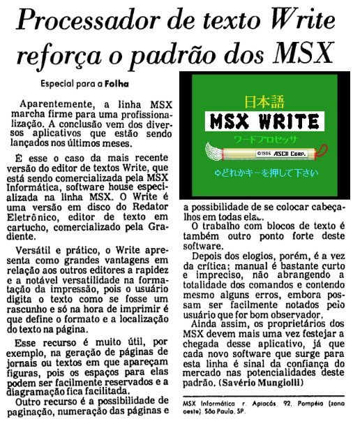 Tela do MSX Write da ASCII, sobreposta a fragmento da matéria da Folha sobre o lançamento.