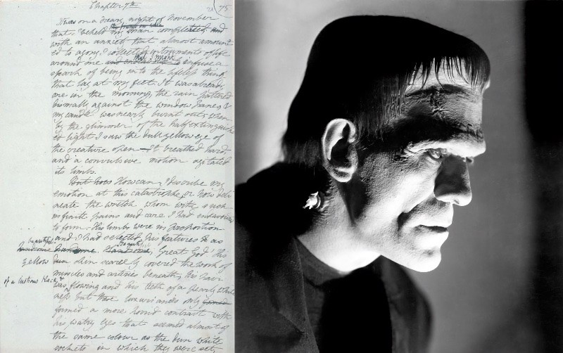 Página do manuscrito original e foto de Boris Karloff interpretando o monstro de Frankenstein no cinema.