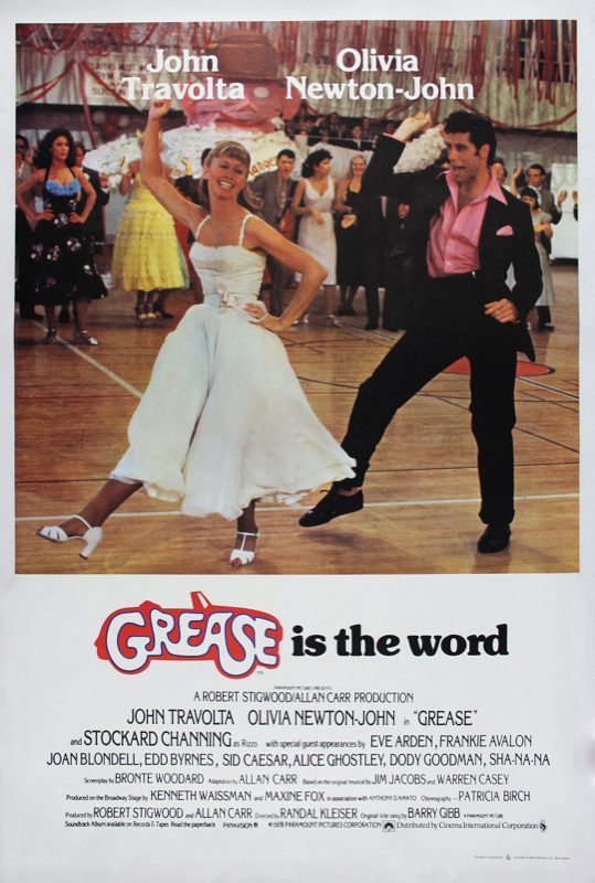 Cartaz de Grease com cena de dança dos protagonistas