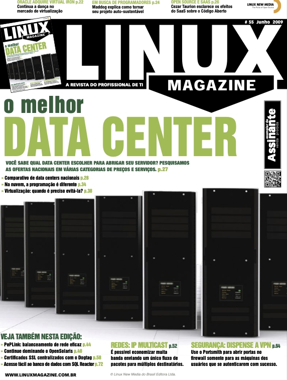Capa da edição n. 55 da Linux Magazine, com foto de meia dúzia de gabinetes de servidores.