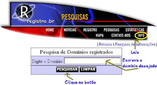 Ilustração de um manual posterior sobre o registro de domínios no Brasil, mostrando a interface para pesquisas.
