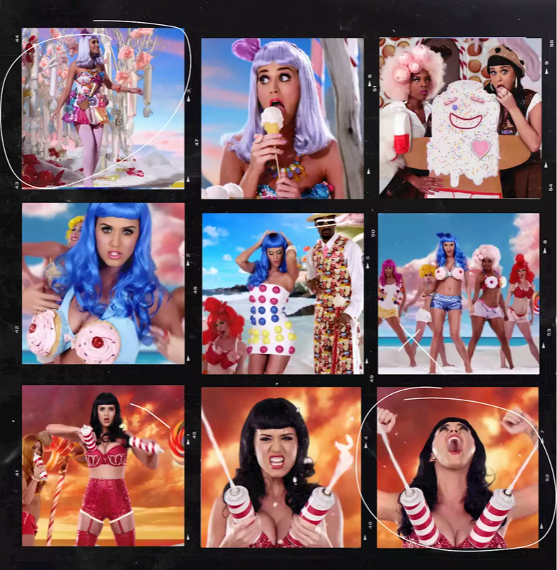 Montagem de cenas do clip de California Gurls, com os figurinos inspirados em doces