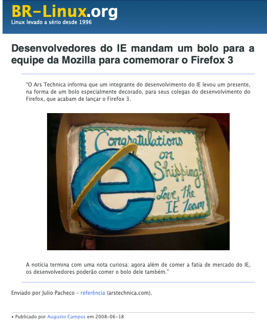 Print de post do BR-Linux incluindo foto do bolo decorado, com mensagem e assinado com “Love, the IE Team“