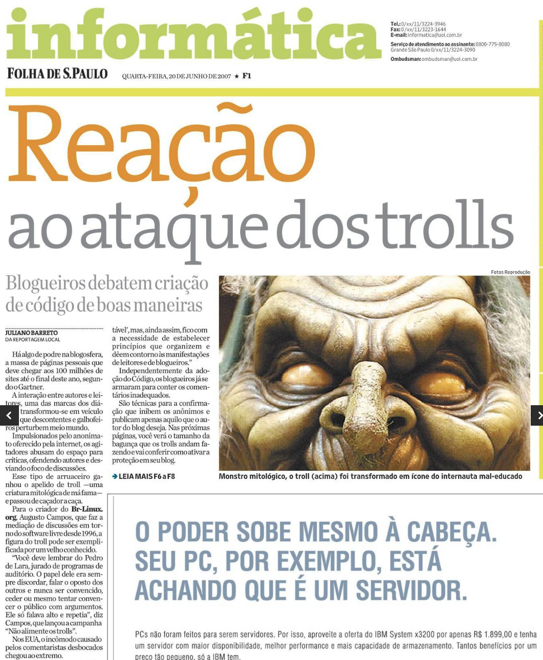 Capa do caderno Informática, da Folha de São Paulo, com o título: Reação ao ataque dos trolls - blogueiros debatem criação de código de boas maneiras