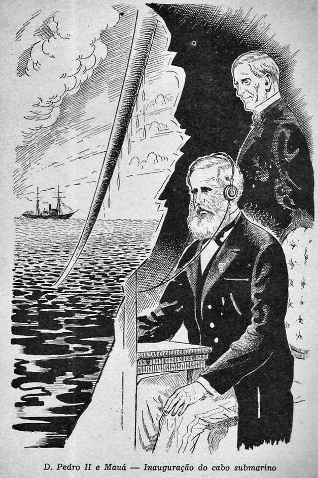 Dom Pedro II e o Barão de Mauá, em arte representando a inauguração do telégrafo transatlântico brasileiro