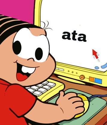 Meme em que a personagem Mônica opera um computador em cuja tela está escrito “ata“
