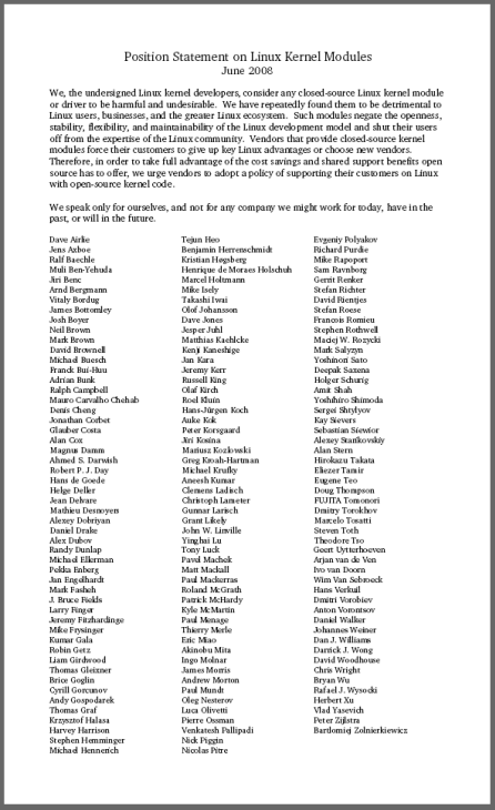 Imagem digital do documento, com 3 colunas com dezenas de nomes de signatários em cada uma, e o breve texto com o título “Position Statement on Linux Kernel Modules“.