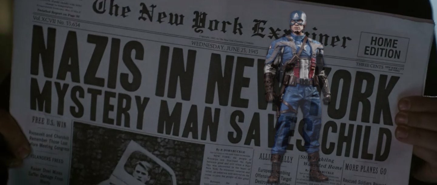 Imagem do Capitão América sobreposta à cena do filme que mostra a notícia no jornal fictício.