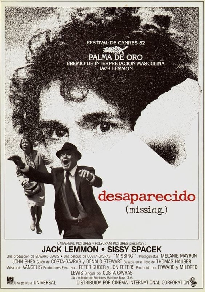 Cartaz em castelhano de Missing, mencionando ter ganho a Palma de Ouro do Festival de Cannes em 1982, pela interpretação do protagonista Jack Lemmon.