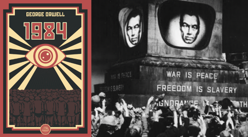 Capa de '1984' e representação de cena mostrando o Grande Irmão observando a população que o saúda, em um altar da novilíngua