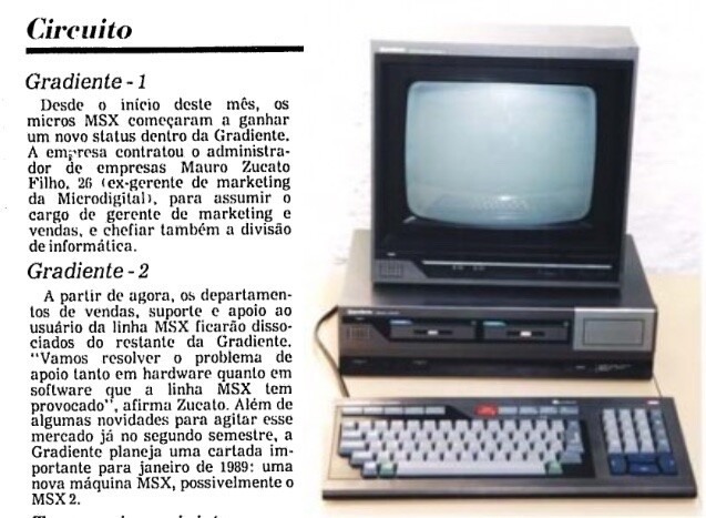 Recorte de jornal sobre a mudança de diretoria na Gradiente, e foto de um Gradiente Expert MSX