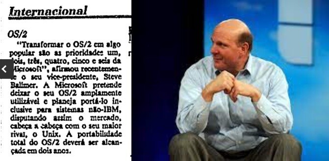 Recorte de jornal com a declaração de Ballmer, e foto do executivo sentado no palco