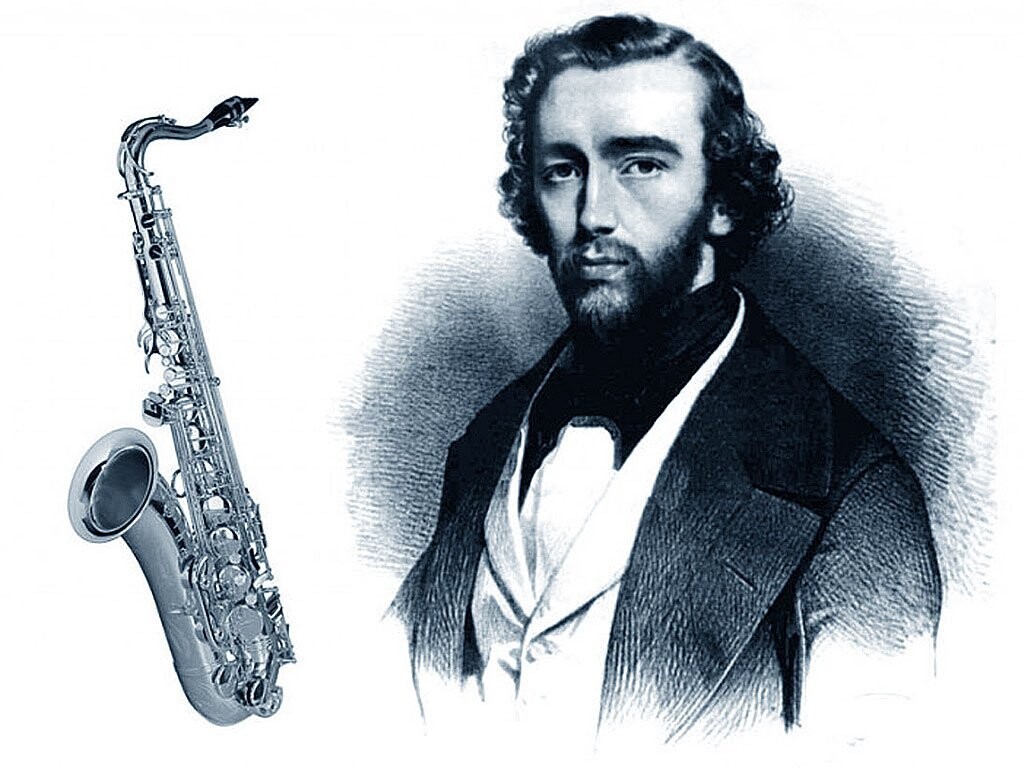 Retrato em preto e branco de Adolphe Sax, e imagem de um saxofone