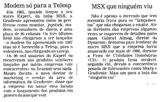 Dois fragmentos da Folha, com os títulos “Modem só para a Telesp“ e “MSX que ninguém viu“