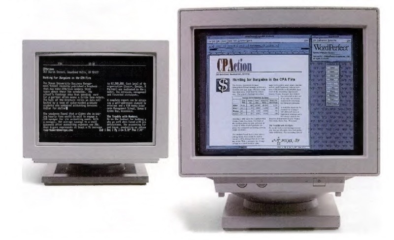 Dois monitores mostrando interfaces de uma versão do WordPerfect para Unix: em modo texto e em modo gráfico.