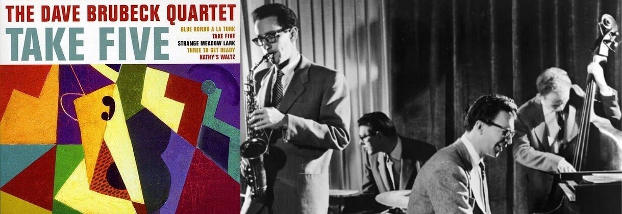 O quarteto no palco, e capa da compilação de sua obra, que levou o título de Take Five