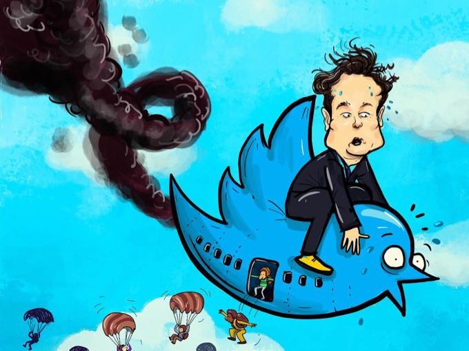 Ilustração de Bruno Lanza mostra o bilionário que comprou o Twitter, montado em um avião com o formato do logo do site, que está em queda, enquanto seus passageiros desembarcam de para-quedas.