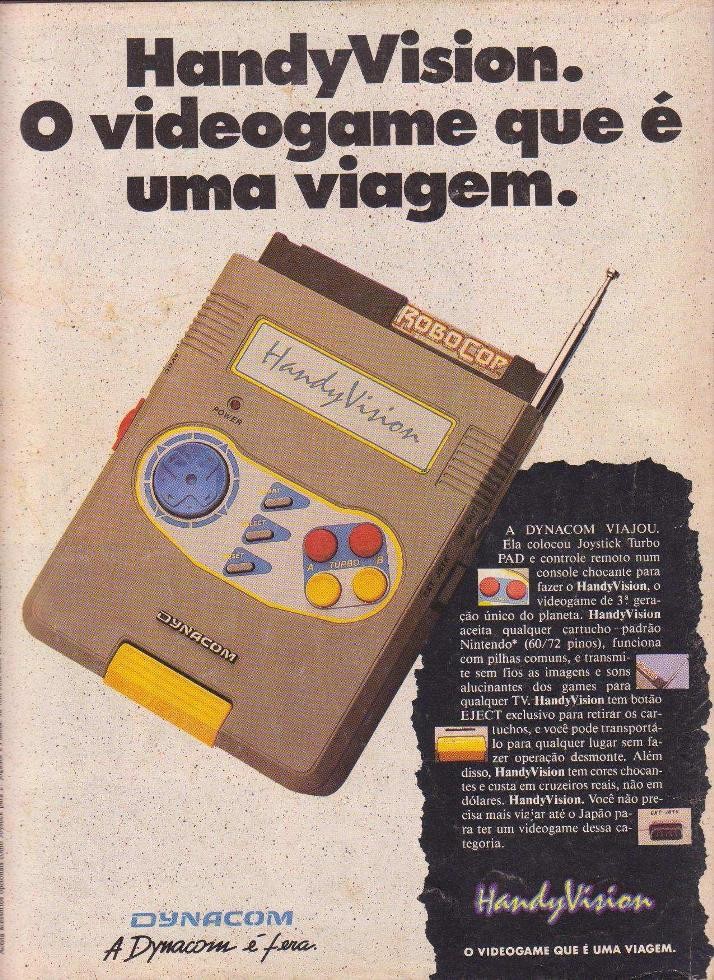 Foto do Handyvision em anúncio com o título: HandyVision, o videogame que é uma viagem.