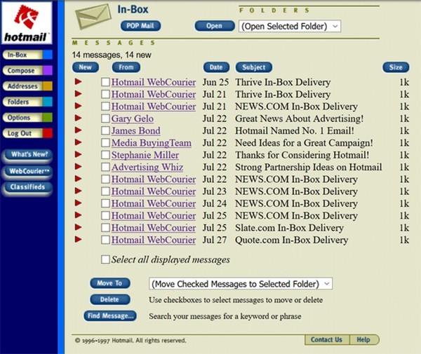 A interface do Hotmail em um navegador em 1997