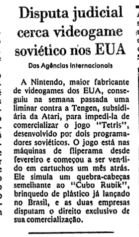 Tela do jogo Tetris e fragmento de matéria de jornal com o título “Disputa judicial cerca videogame soviético nos EUA“.