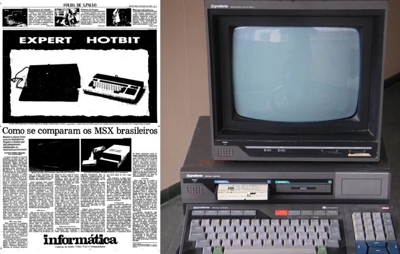 Primeira página da matéria da Folha, e foto de um Expert, da Gradiente