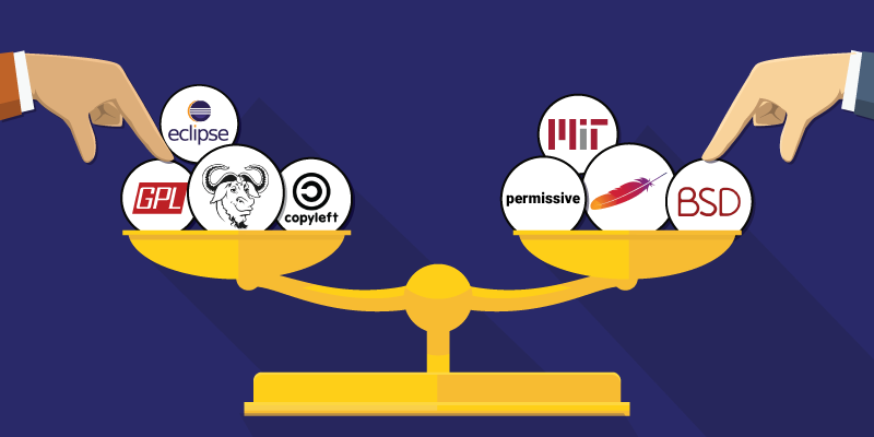 Ilustração mostra variadas licenças open source em uma balança