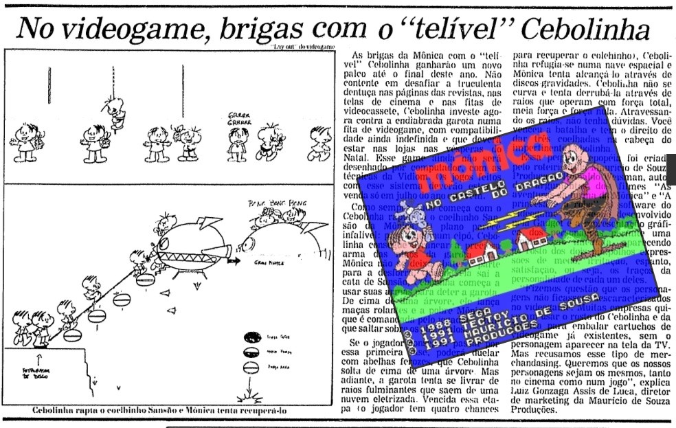 Matéria de jornal com desenhos do layout previsto para o jogo, e o título: No videogame, brigas com o “telível“ Cebolinha. Sobreposta ao texto está a tela do jogo Mônica no Castelo do Dragão, lançado em 1991 pela TecToy.