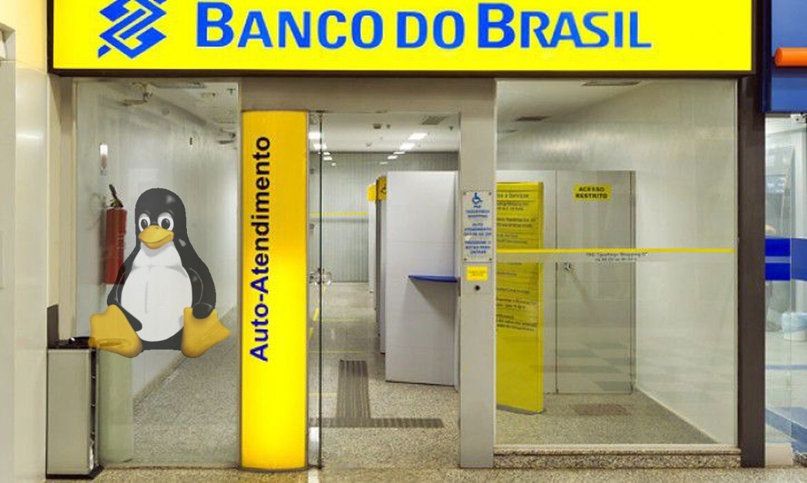 O pinguim Tux e um posto de auto-atendimento do BB