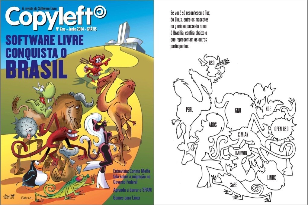Capa e contracapa do número 0 da Copyleft, com a marcha dos mascotes do open source indo em direção a Brasília, em ilustração de Spacca