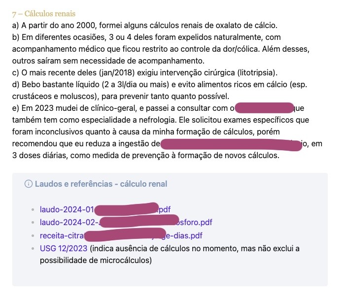 Capítulo sobre cálculos renais, com lista itemizada do histórico, e um quadro com os links para os PDFs de laudos e receitas associados ao tema.