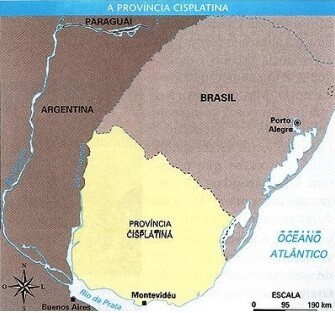Mapa didático mostrando a Província Cisplatina, em amarelo, ao sul do RS e a leste da Argentina.