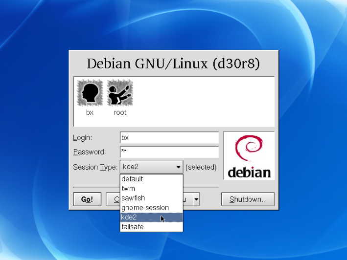 Tela de login do Debian 3.0