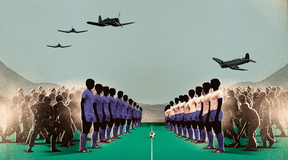 Alegoria da Guerra do Futebol mostrando seleções de futebol perfiladas e cercadas por soldados e aviões de guerra