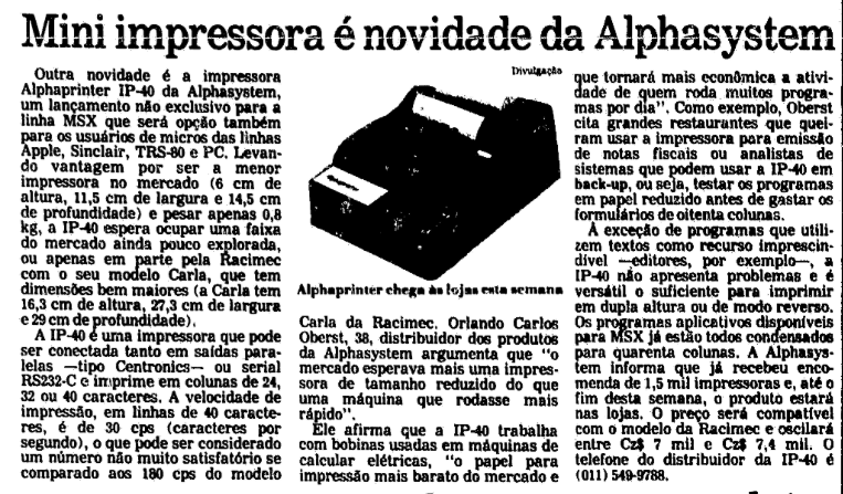 Matéria da Folha com o título: Mini impressora é novidade da Alphasystem