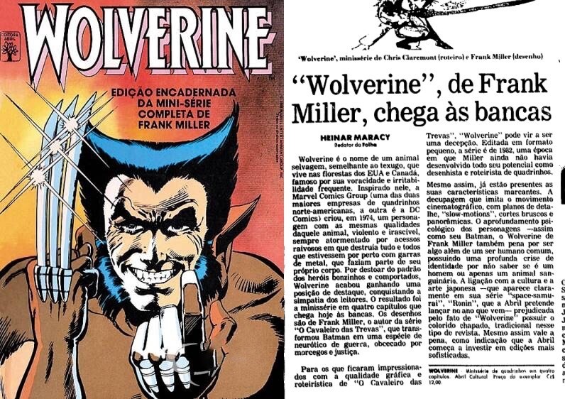 Capa de um dos volumes da minissérie, reaproveitada na edção encadernada, e matéria da Folha com o título: “Wolverine“, de Frank Miller, chega às bancas