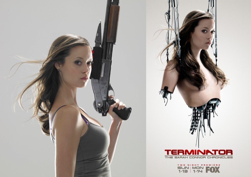 Duas imagens promocionais de Summer Glau como a robô Cameron em Terminator: The Sarah Connor Chronicles