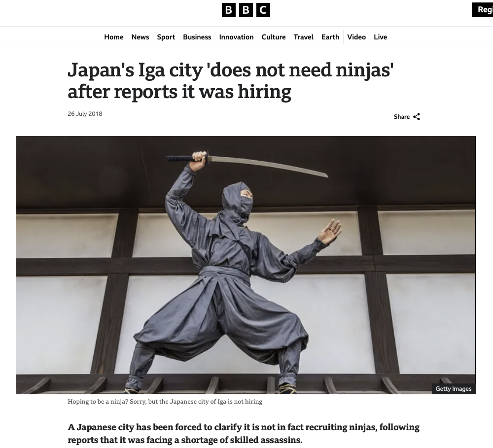 Matéria da BBC com o título: Japan's Iga city 'does not need ninjas' after reports it was hiring