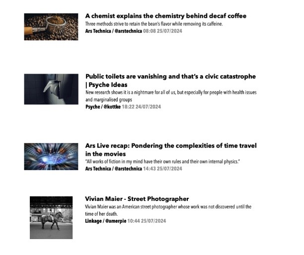 Print de página mostrando 4 links para artigos coletados no Mastodon, sobre a química do sabor do café, o desaparecimento dos banheiros públicos nas metrópoles, as complexidades da viagem no tempo retratada em filmes, e uma fotógrafa urbana