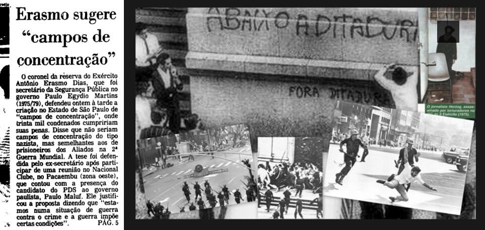 Matéria com o título “Erasmo sugere campos de concentração“, e coletânea de fotos de protesto contra a ditadura militar