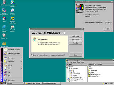 Um print do desktop do Windows NT 4 SP6a mostrando o menu iniciar e o Windows Explorer