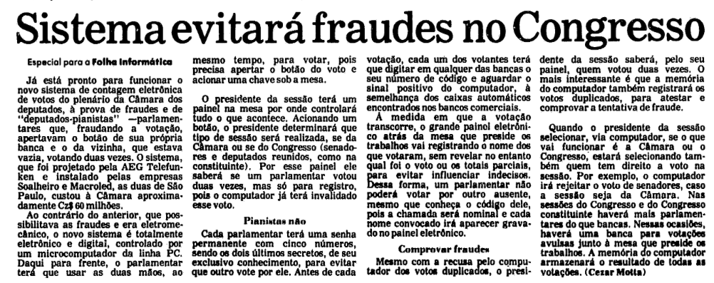 Matéria da Folha Informática com o título “Sistema evitará fraudes no Congresso“