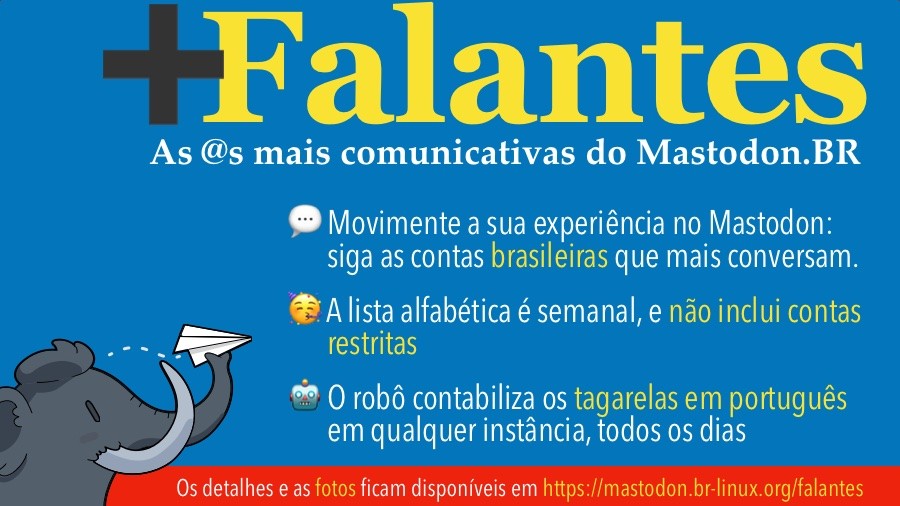Banner dos Mais Falantes do Mastodon, com o texto:<br><br>+Falantes<br>As @s mais comunicativas do Mastodon no Brasil<br>• Movimente a sua experiência no Mastodon: siga as contas brasileiras que mais conversam.<br>• A lista alfabética é semanal, e não inclui contas restritas<br>• O robô contabiliza os tagarelas em português em qualquer instância, todos os dias<br>Os detalhes e as fotos ficam sempre disponíveis em https://mastodon.br-linux.org/falantes/