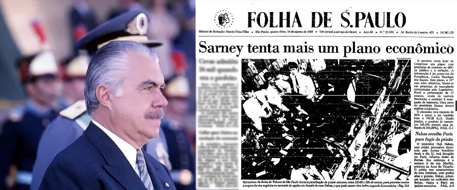Montagem de foto de Sarney e reprodução da capa da Folha com a manchete: Sarney tenta mais um plano econômico